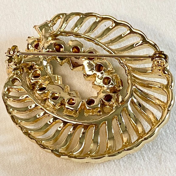 Large Open Work Brooch Aqua Blue Rhinestones Gold Tone Abstract - Picture 6 of 7